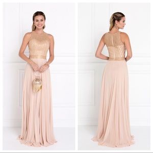 LONG SLEEVELESS GOLD BEADED CHAMPAGNE DRESS